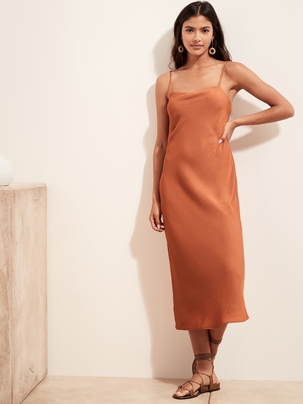 EUC Banana Republic Elegant Satin Midi Slip Dress Lined Cool Summer Rust Clay M